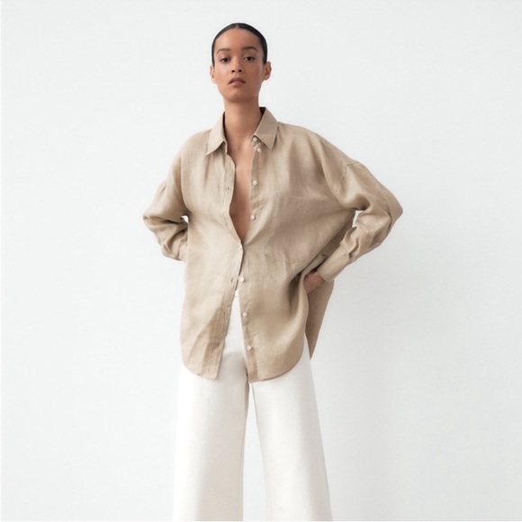 Zara Linen Button-Down Shirt with Pocket in Beige/Tan - Picture 3 of 9